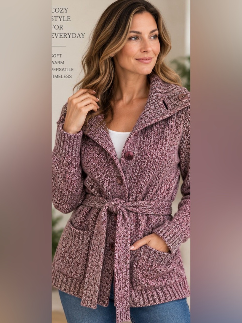 22” ptSuzy Shier Belted Knit Cardigan Jacket Pink & White Large